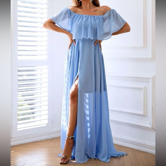 Off the Shoulder Chiffon Floor-Length Dress with Slit Blue